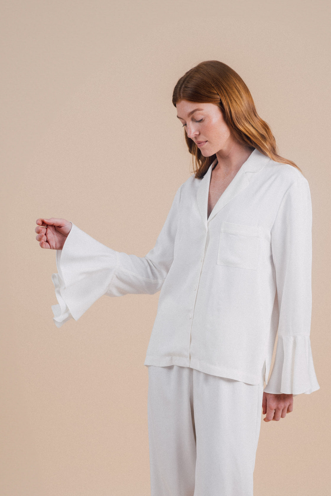 Soft & Breathable Modal Pajama Set, Lace Contrast Ruffle Hem Sleeve Loose  Tops & Pants, Women's Sleepwear & Loungewear