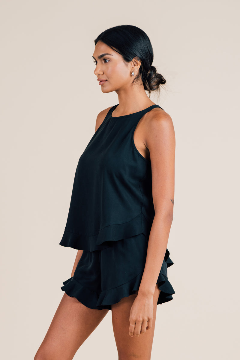 Half Asleep - Sleepwear - Ruffle Short Set - Women's Pajamas - Black Night